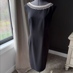 Maggy London Classic Black Dress with Creamy white embroidery detail Size 10